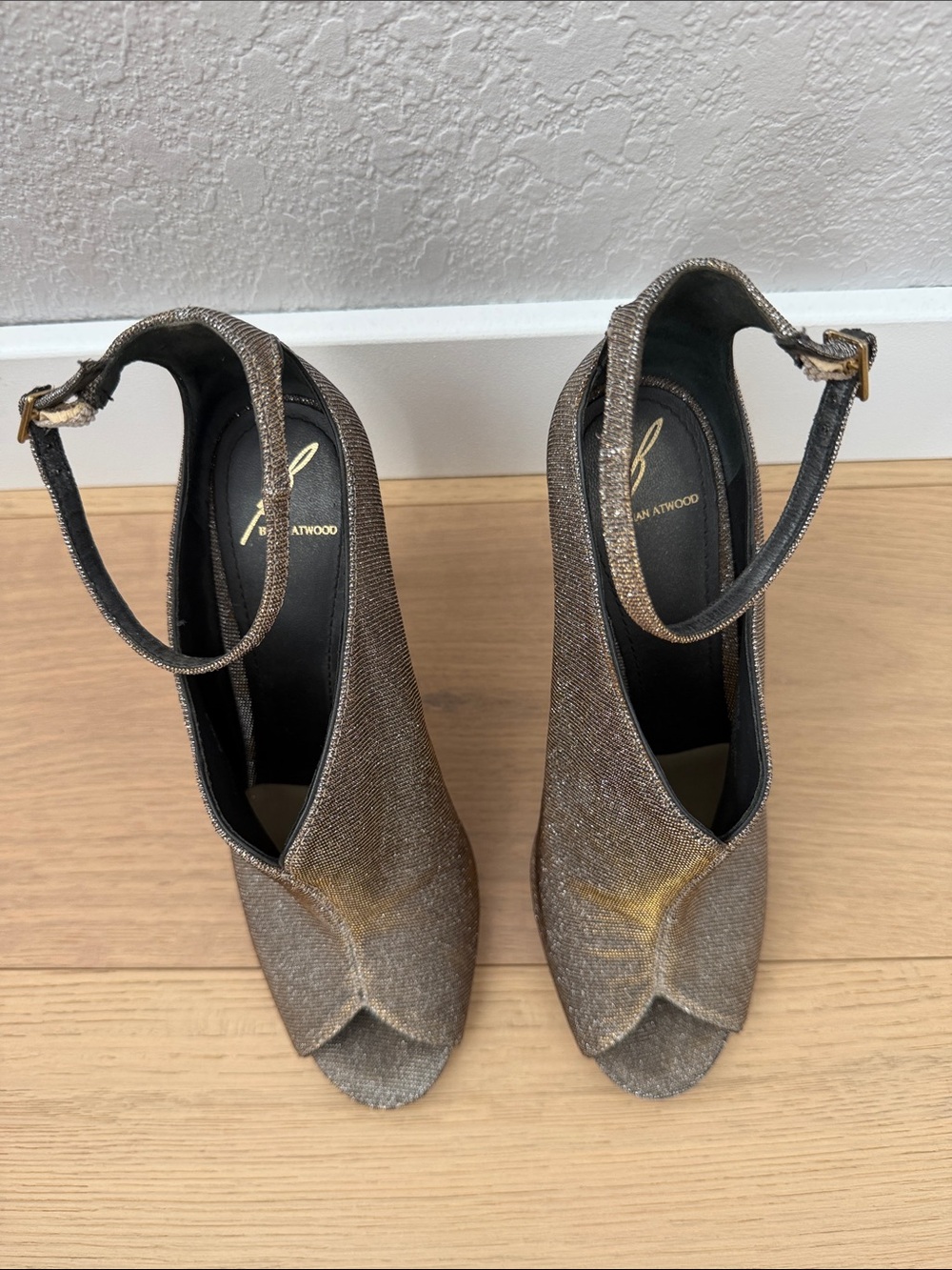 Brian Atwood Metallic Bronze Peep-Toe Ankle-Strap Heels